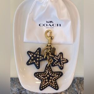 COACH Black Leather Stars With Brass Accents Bag Charm Key Fob. New, No Tag.